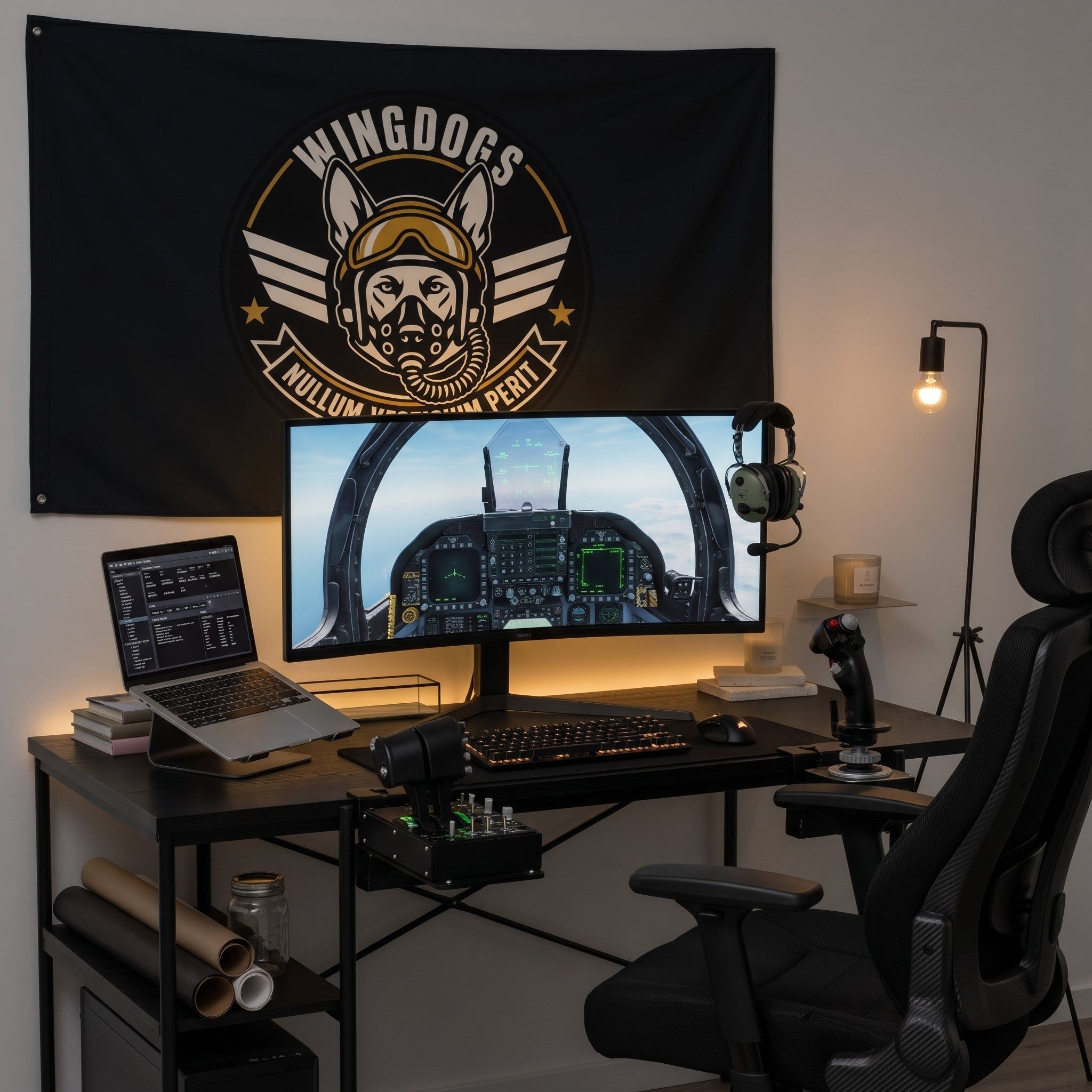 The Wingdogs Squadron flag behind a sim pit